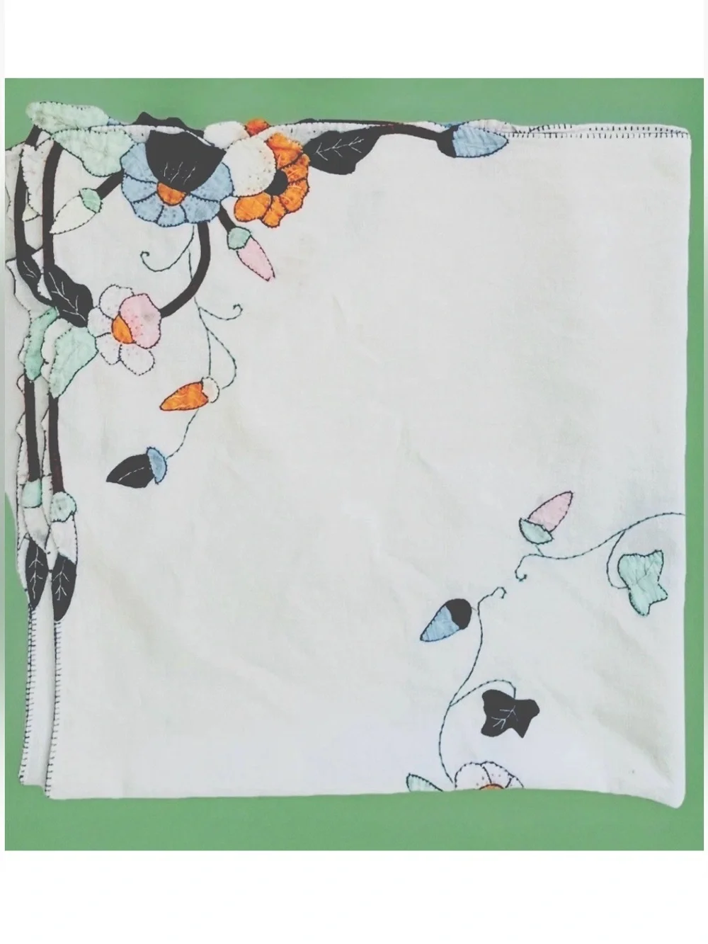 Vintage Tablecloth Hand Embroidery Applique Flowers-Garden Party-Home Decor